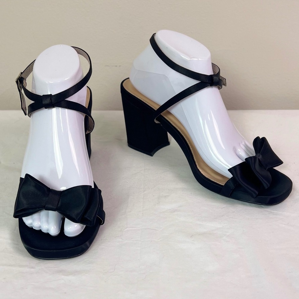 Arula Satin Bow Block Heel Sandals 8.5 Black Ankle Strap Evening Formal Dressy